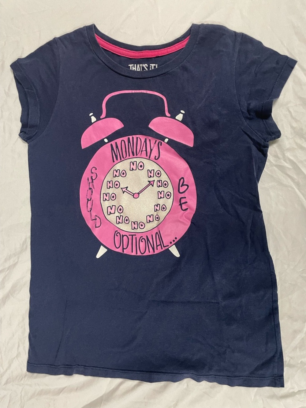 Girls' Navy Short-Sleeve Tee with Pink Alarm Clock Graphic
